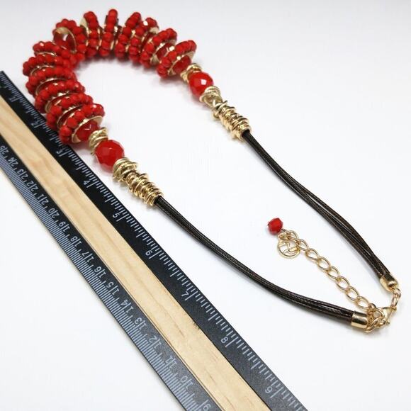 Red Crystal Necklace, Beaded Statement Choker Gold Accents, 22 Inches - Picture 9 of 11